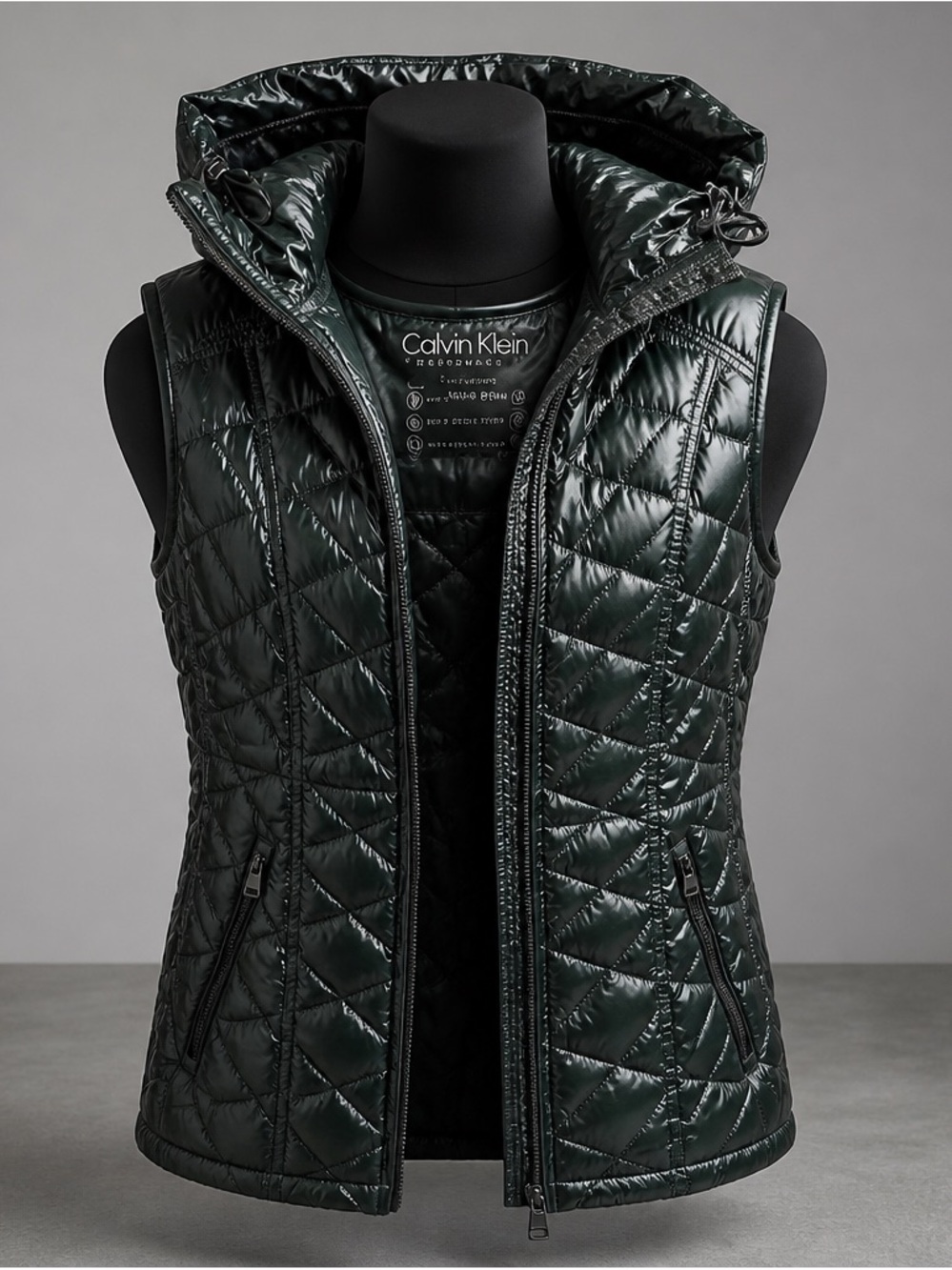 Calvin Klein Quilted Hooded Puffer Vest in Dark Green